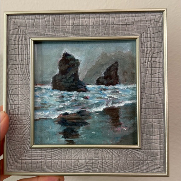 Original Coastal Rock Niniature Acrylic Canvas - Blue and Gray scale 4x4 in - Picture 4 of 4